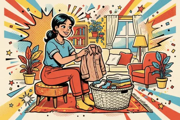Illustration of a woman sitting on a stool folding laundry next to a wicker basket of clothes.