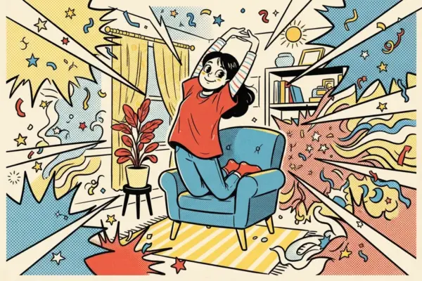 Illustration of a woman stretching happily on a chair, arms overhead, surrounded by bright comic-style bursts and confetti.