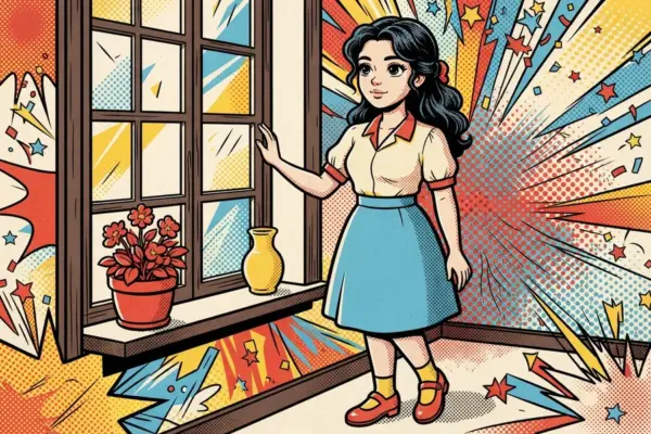 Illustration of a girl standing by a sunny window with a flowerpot and a small vase on the sill.