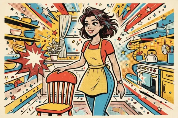 Retro-style illustration of a woman standing beside a kitchen chair, dishes and shelves in the background.