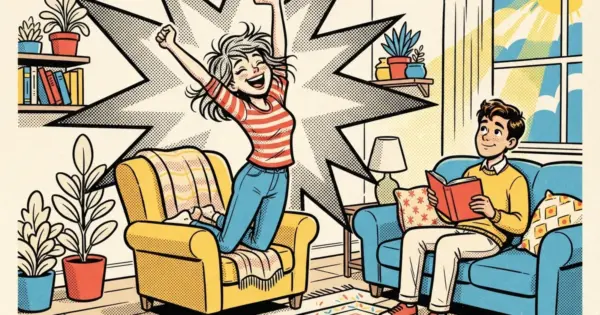 Retro comic-style illustration of a woman jumping up from a yellow armchair with her arms raised while a man reads calmly nearby.