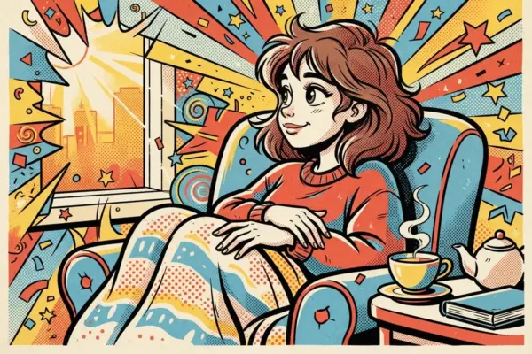 Illustration of a woman relaxing in an armchair with a cup of tea, looking out at a city view.