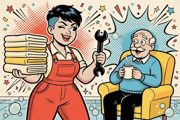 Pop-art illustration of a cheerful woman in red overalls carrying a stack of folded towels and a wrench, while an older man with a moustache relaxes in an armchair with a mug.