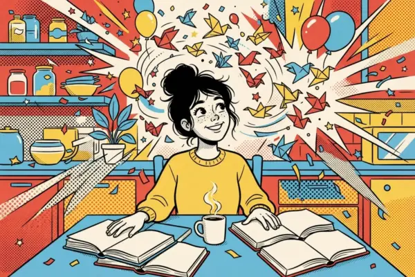 Illustration of a woman with a messy bun sitting at a table with open books and a mug, with paper birds and balloons swirling above her.