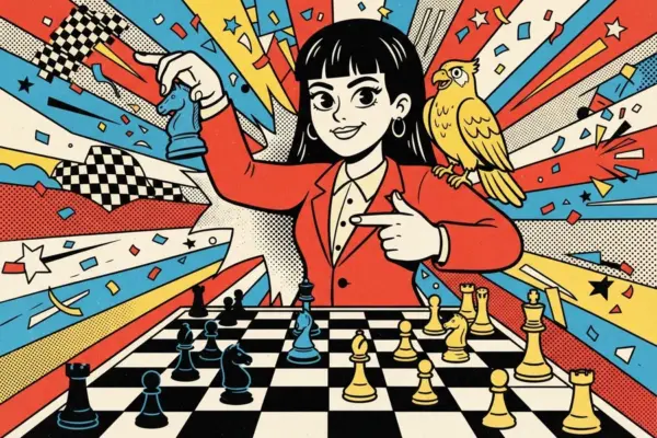 A confident chess player in a red blazer holds a blue knight over a chessboard, a yellow parrot perched on one shoulder, with checkered flags and confetti flying behind.