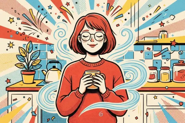 Illustration of a woman with round glasses and closed eyes holding a mug in a kitchen, surrounded by swirls of steam, a kettle and a potted plant.