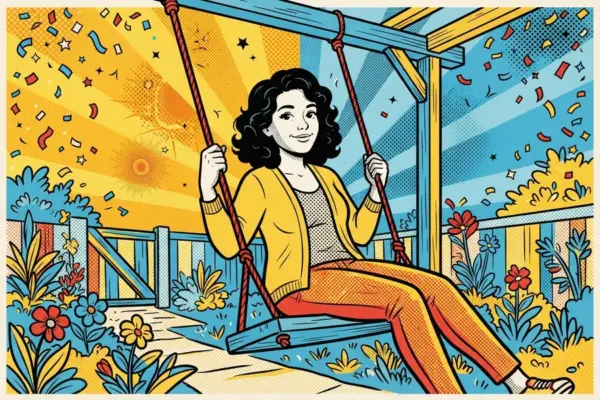 Illustration of a woman in a yellow cardigan sitting on a wooden garden swing among flowers, with confetti and sunbeams behind her.
