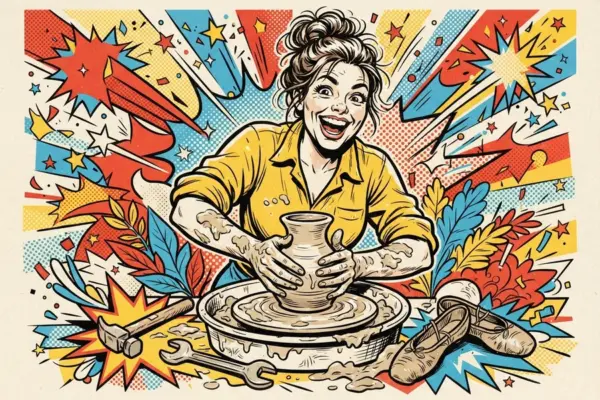 Pop-art woman in a yellow shirt shaping a clay vase on a pottery wheel, with a hammer, a wrench and ballet shoes at her feet.