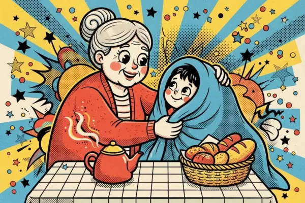 Ilustración pop de una abuela de moño gris que arropa con una manta azul a un niño, junto a una tetera humeante y una cesta de panes sobre un mantel de cuadros.