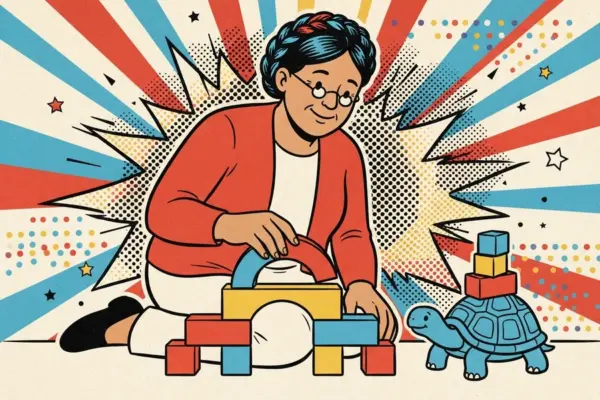 A smiling person with round glasses kneels on the floor building an arch from colourful toy blocks, while a blue tortoise carries a small stack of blocks beside them.