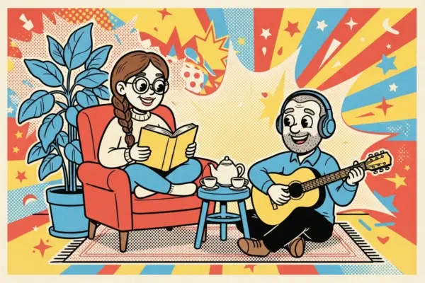 One cartoon person reading in an armchair and another playing guitar nearby, each absorbed in their own activity, with a teapot between them.
