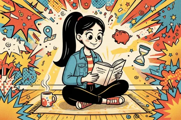 Человек сидит на полу с открытой книгой и кружкой; рядом в воздухе парят копилка, метка на карте и песочные часы.