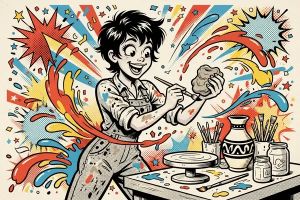 Ilustración pop de una artista con el mono manchado de pintura que da forma a un trozo de arcilla con un pincel, rodeada de salpicaduras de color, un torno y un jarrón.
