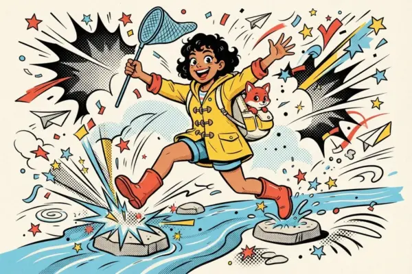 A cheerful explorer in a yellow raincoat and red boots leaps across stepping stones in a stream, holding a butterfly net, with a small fox peeking out of the backpack.