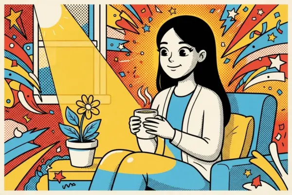 Illustration of a woman in a blue armchair holding a steaming mug beside a flower pot, with a sunbeam and bursts of colour behind her.