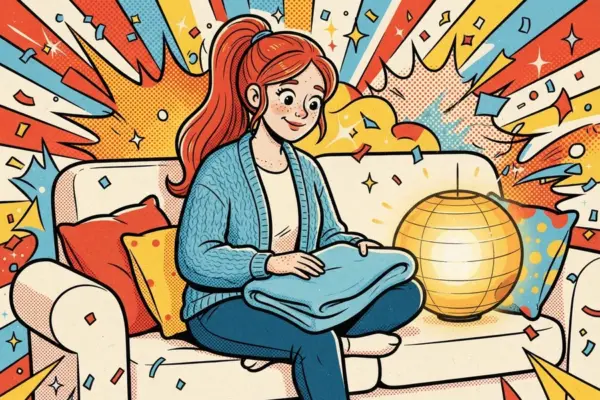 Ilustración de estilo cómic: una persona pelirroja con coleta, sentada en un sofá con una manta azul doblada sobre las piernas, junto a un farol encendido y rodeada de confeti.