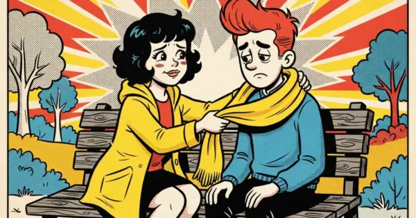 Comic-style illustration of a woman in a yellow raincoat wrapping a yellow scarf around a sad, red-haired man on a park bench, with bright rays behind them.
