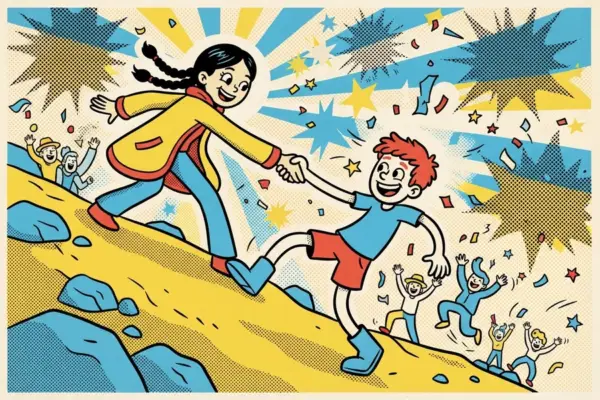 Illustration of a person in a yellow coat pulling a smaller red-haired person by the hand up a rocky hill while others cheer below.