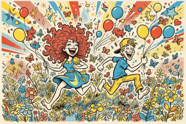 Dos personas corren riendo entre flores, mariposas y globos de colores.