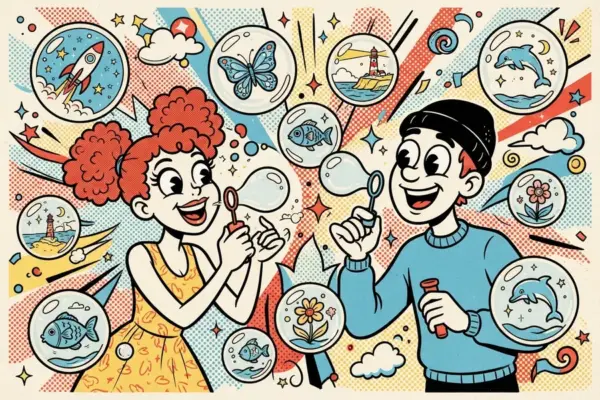 Illustration of two people blowing bubbles that each hold a tiny scene, such as a rocket, a butterfly, a fish, a dolphin and a lighthouse.