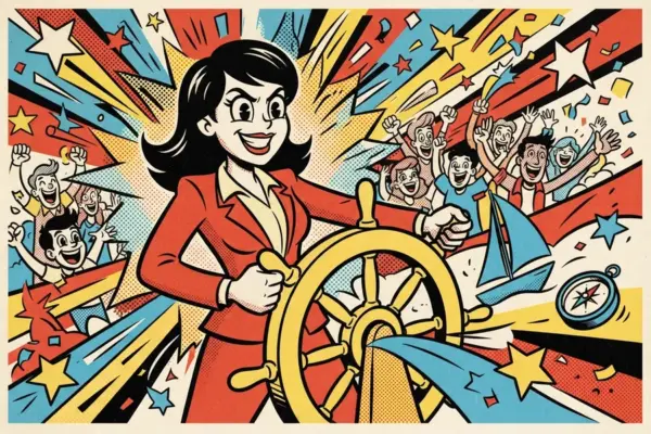 Mujer de traje rojo al timón de un barco, con una multitud animando detrás, un velero y una brújula.
