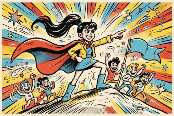 Illustration of a person in a red cape and boots striking a pose on a hilltop, pointing ahead beside a flag while a crowd cheers behind.