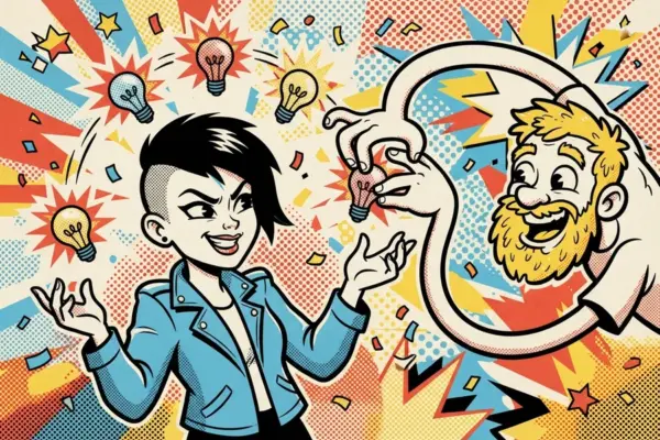 Illustration of a person in a denim jacket gesturing among glowing lightbulbs while a bearded person's hand catches one of them.