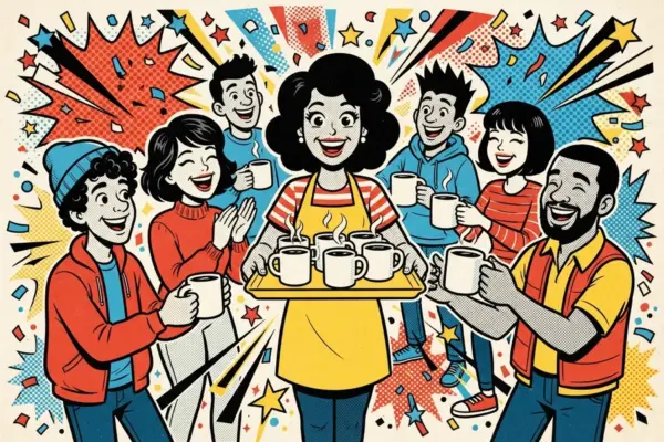 Persona con delantal que reparte tazas humeantes en una bandeja entre un grupo de gente que ríe y aplaude.