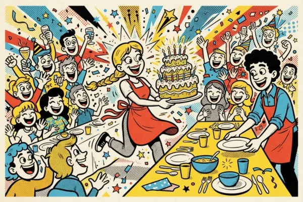 Illustration of a person in an apron carrying a birthday cake towards a crowded, cheerful long table set with plates and cups.