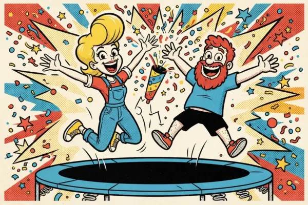 Dos personas saltan sobre una cama elástica entre confeti y un cañón de fiesta.