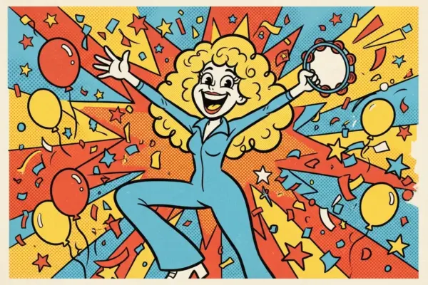 Illustration of a curly-haired person in a blue jumpsuit shaking a tambourine with arms flung wide among balloons and confetti.