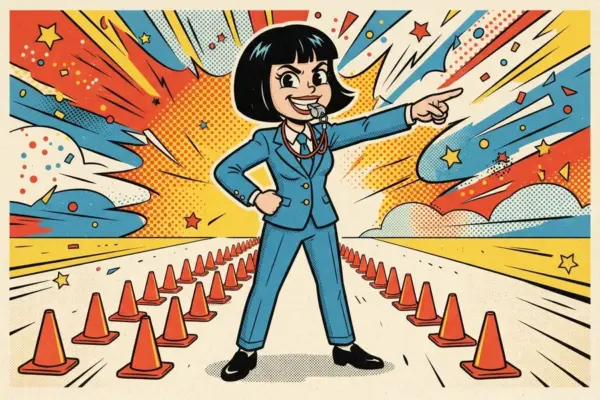 Illustration of a person in a blue suit with a whistle, pointing ahead along a long straight line of orange traffic cones.