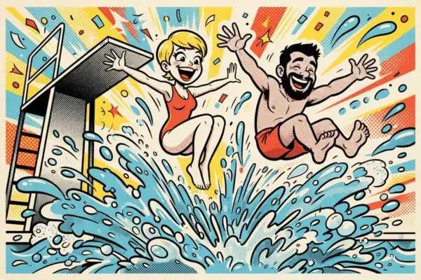 Dos personas saltan al agua desde un trampolín y levantan una gran salpicadura.