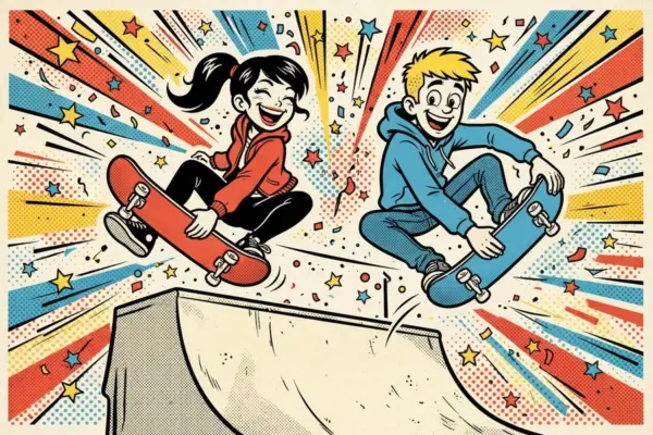 Illustration of two people on skateboards flying off a concrete half-pipe among confetti and stars.