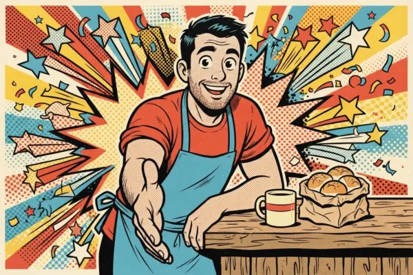 Ilustración pop de un hombre sonriente con delantal que tiende la mano desde detrás de un mostrador de madera, con una taza y una bolsa de panecillos al lado.