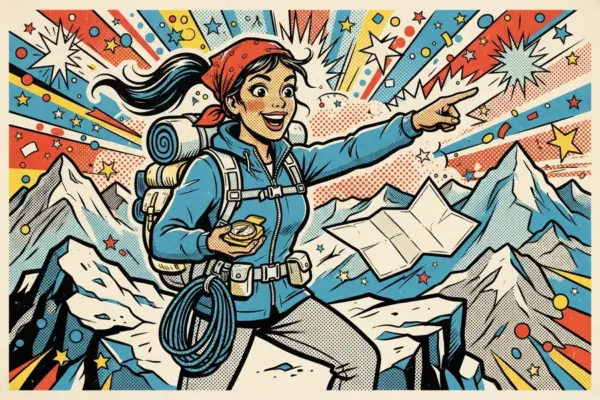 Ilustración pop de una excursionista con pañuelo rojo, mochila y cuerda que señala al frente con una brújula en la mano, entre montañas nevadas y un mapa que flota en el aire.