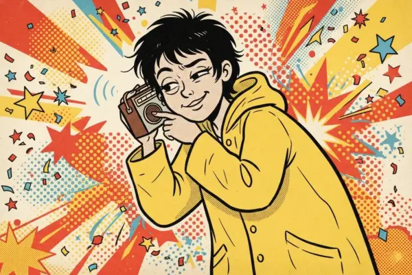 A smiling cartoon person in a yellow raincoat holds a small pocket radio to one ear, surrounded by a pop-art burst of stars and confetti.