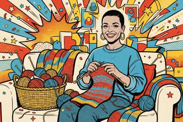 Illustrated smiling person with a short cropped haircut and gold hoop earrings knitting a patterned piece in an armchair, with a basket of yarn balls beside them and striped scarves draped around, in a pop-art burst.