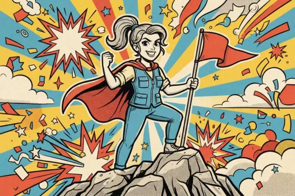 Ilustración pop de una mujer con capa roja y chaleco que planta una bandera en la cima de una roca, con el puño en alto y explosiones de colores tras ella.