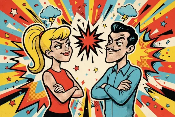 Two cartoon people face each other with crossed arms and sharp looks, a spiky burst between them and small storm clouds above.
