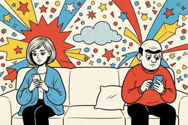 Two cartoon people sit at opposite ends of a sofa, each looking at a phone, with an empty stretch and a cushion between them.