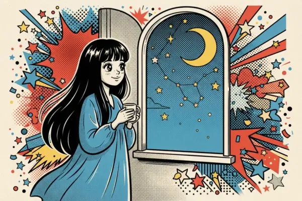 Illustration of a long-haired person in a blue nightgown holding a cup beside an arched window that shows a crescent moon and stars.