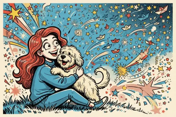 Illustration of a red-haired person hugging a fluffy dog on the grass under a sky full of stars and little paper boats.