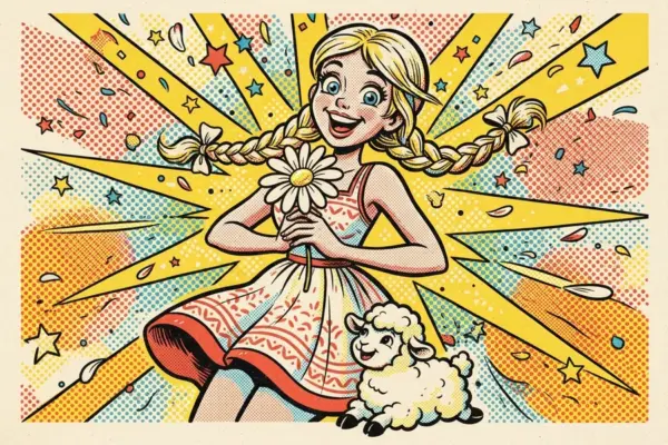 Ilustración pop de una joven rubia con trenzas y vestido estampado que sostiene una margarita, con un corderito a sus pies y rayos amarillos de fondo.
