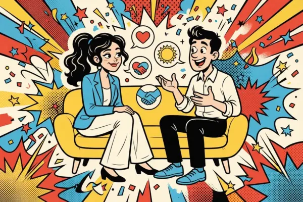 Pop-art woman in a blue blazer and a man in a white shirt talking on a yellow sofa, with speech bubbles showing a heart, a sun and a handshake.