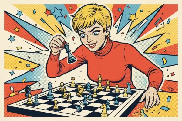 Illustration of a short-haired blond person in an orange turtleneck leaning over a chessboard full of pieces and holding one up with a confident look.