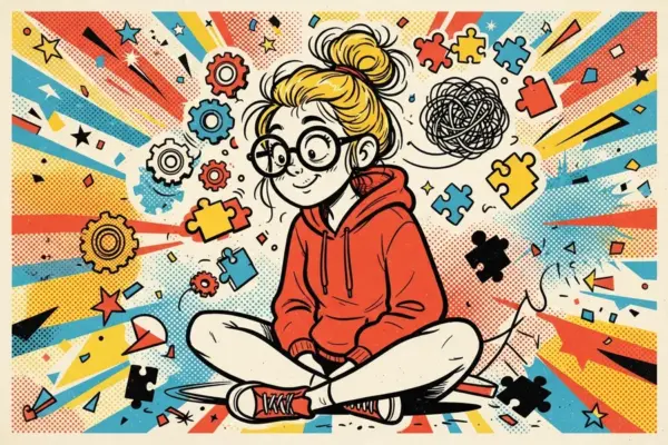 Illustration of a blond person in round glasses and a red hoodie sitting cross-legged among gears, jigsaw pieces and a tangled scribble.