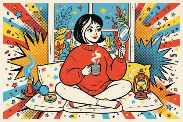 Pop-art woman in a red sweater sitting cross-legged on cushions with a mug and a hand mirror, a candle, a compass and a lantern beside her.