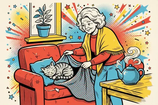 Persona mayor con chal amarillo arropa con una manta a un gato dormido en un sofá rojo, junto a una tetera humeante y una planta.
