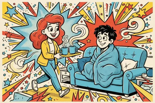 Illustration of a red-haired person carrying two steaming mugs towards a smiling person wrapped in a blanket on a blue sofa.